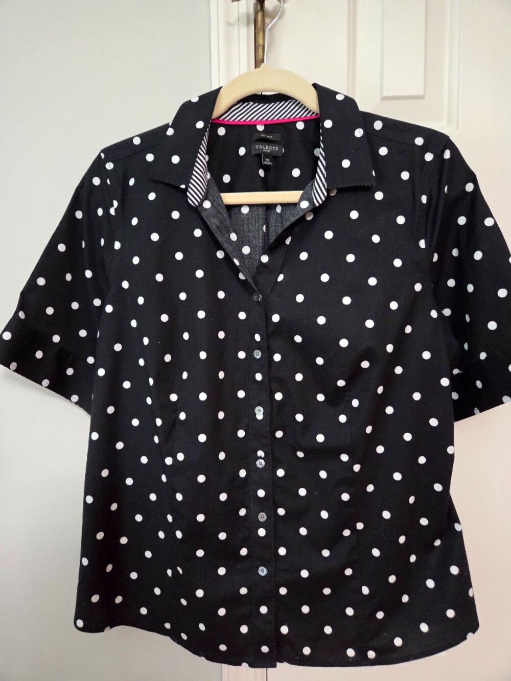 Talbots black and white polka dot short sleeve no-iron cotton shirt Size 14p